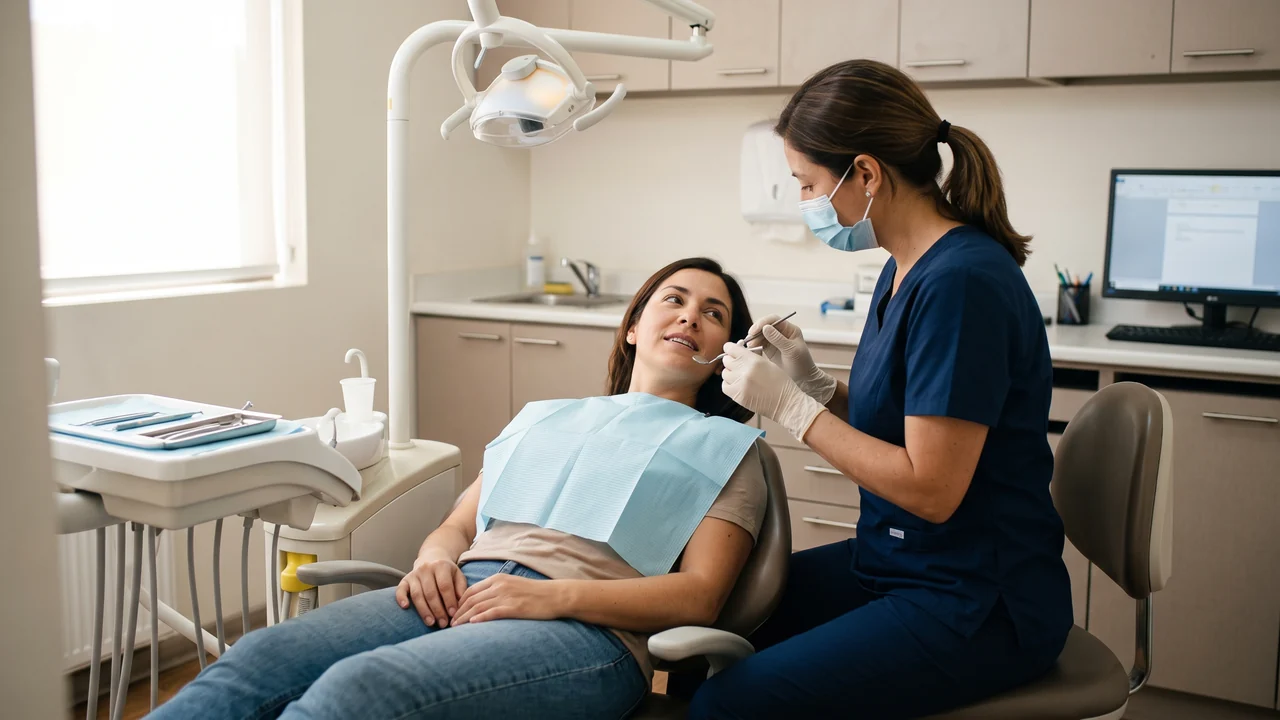 Odontóloga examina con un espejo dental la boca de una paciente adulta reclinada en un consultorio luminoso.
