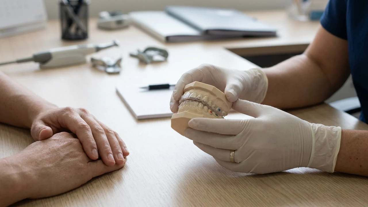 Manos de una profesional revisan un modelo dental con alineadores transparentes sobre una mesa clínica.