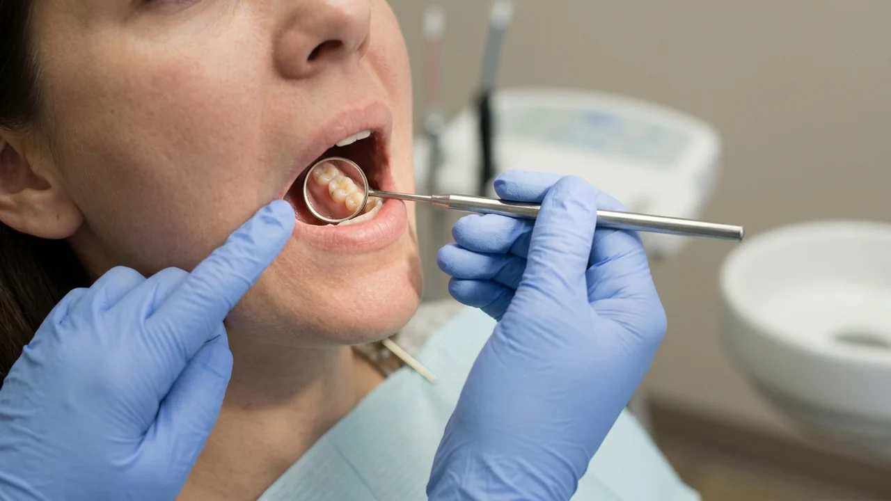 Profesional dental revisa con un espejo los dientes posteriores de una paciente adulta durante una evaluación.