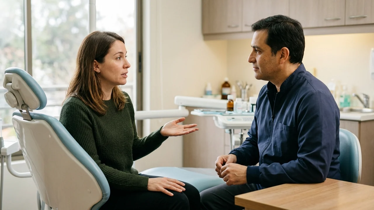 Paciente conversa con un dentista y hace un gesto de pausa antes de una evaluación dental.