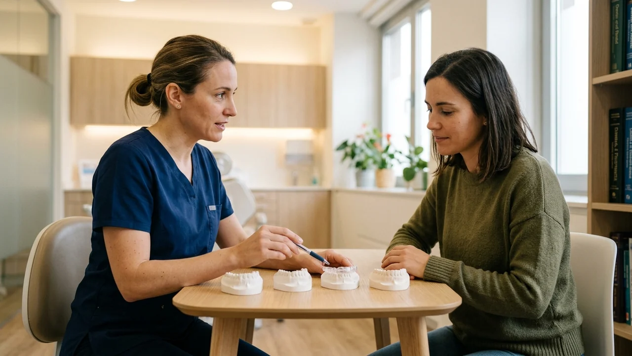 Profesional y paciente revisan modelos dentales durante una conversación sobre las etapas del tratamiento.