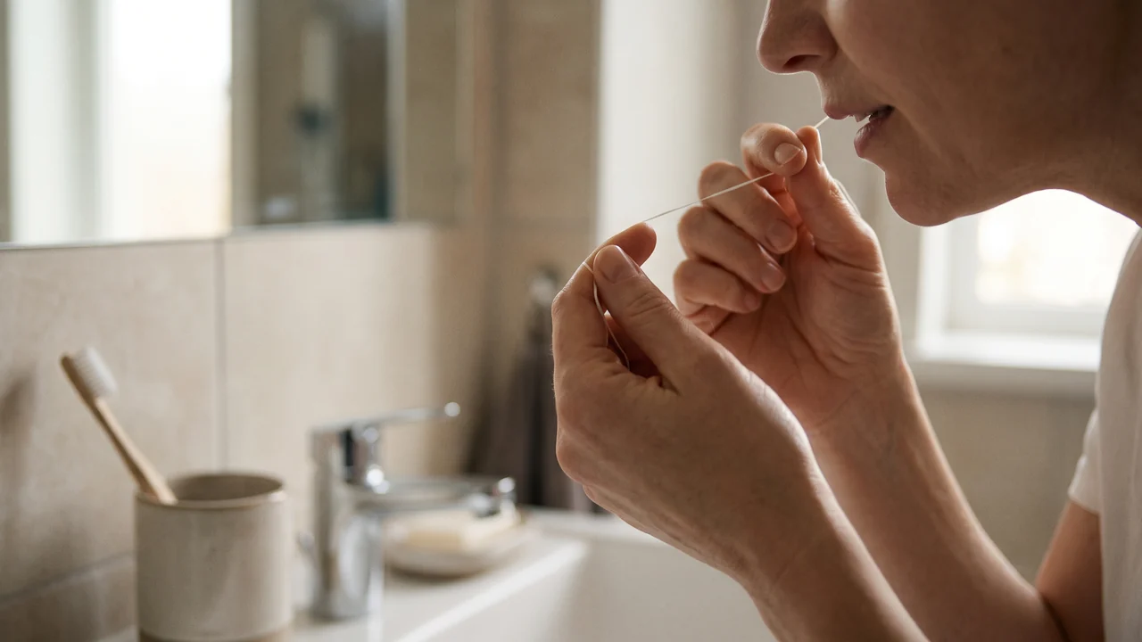 Manos de una persona usando hilo dental frente a un espejo de baño, con un cepillo de dientes sin marca sobre el lavamanos.