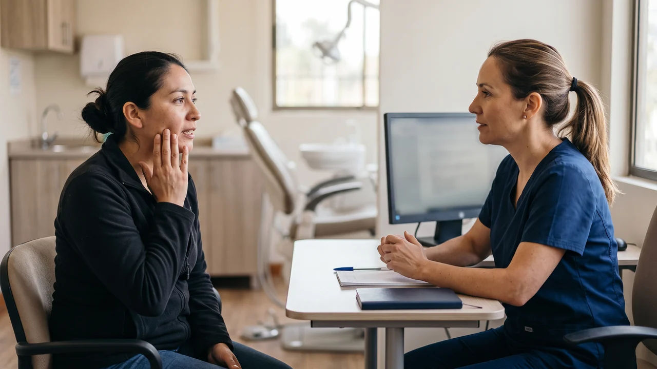 Paciente adulta conversa con una odontóloga en un consultorio dental luminoso durante una consulta.