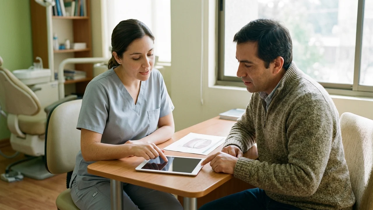 Dentista y paciente revisan juntos material sin texto durante una conversación posterior a una evaluación.