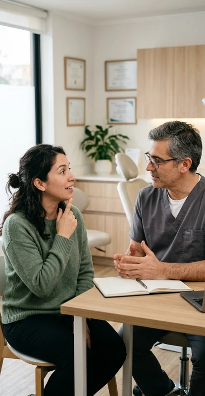 Paciente adulto hace una pregunta a un dentista durante una conversación de evaluación dental.