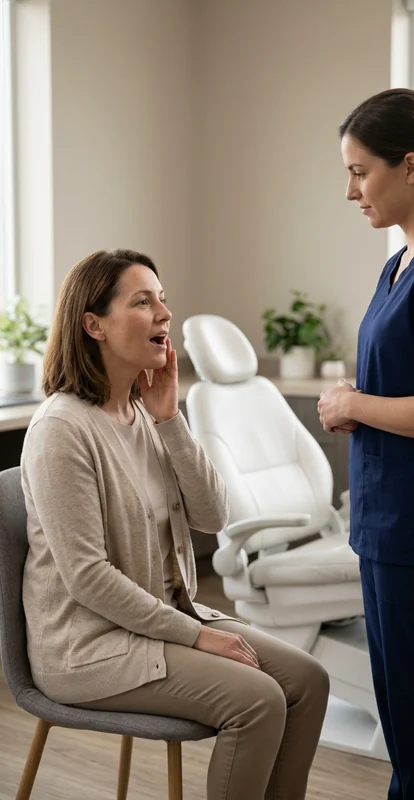 Paciente adulta demuestra una apertura suave de la boca mientras una profesional dental observa en una consulta.