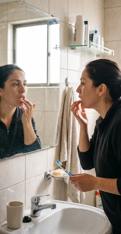 Persona adulta frente a un espejo de baño, con un cepillo de dientes en la mano y expresión atenta mientras observa su boca.