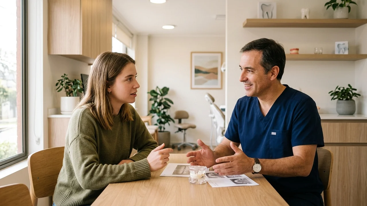 Paciente adulta conversa con una profesional de ortodoncia durante una evaluación en una clínica dental.