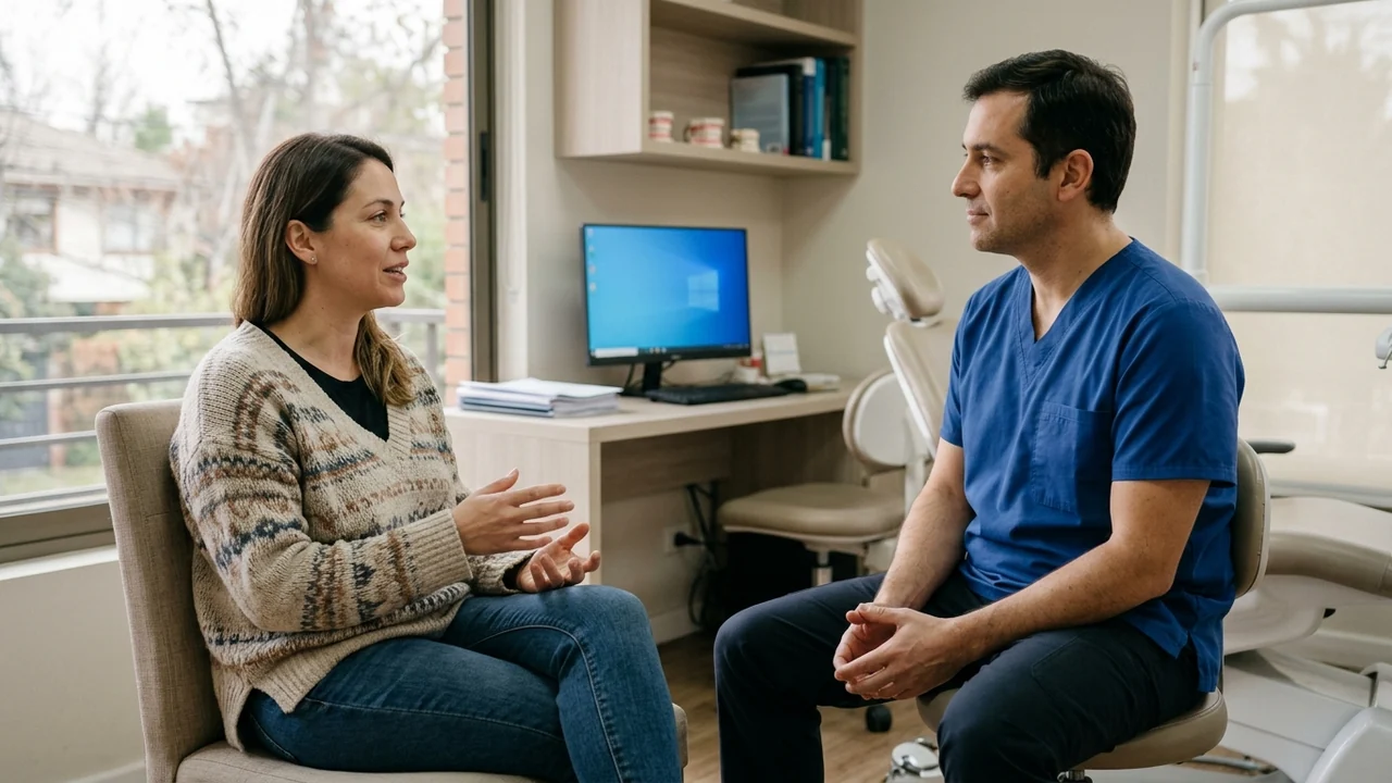 Paciente adulto conversa tranquilamente con un dentista en una sala de evaluación dental.